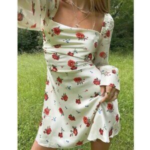 WeWoreWhat Cross Stitch Floral Satin Puff Sleeve Mini Dress Size 0